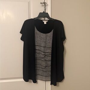 Christopher & Banks Black Layered-Look Short Sleeve Top with Gray Pattern